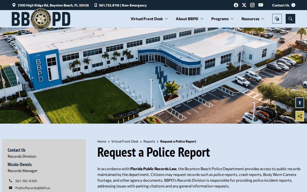 Boynton Beach Police arrest report request page