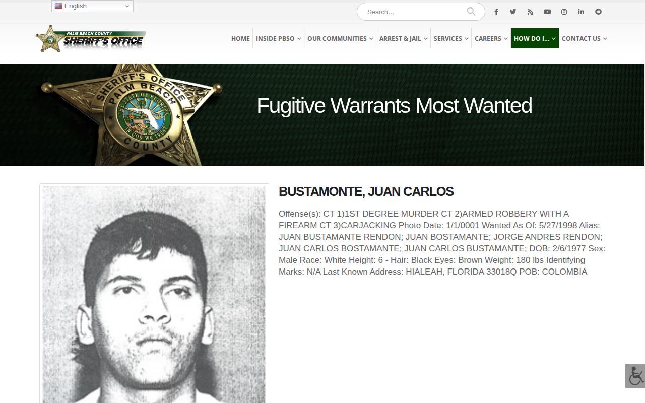 Palm Beach County Sheriff's Most Wanted official listing page