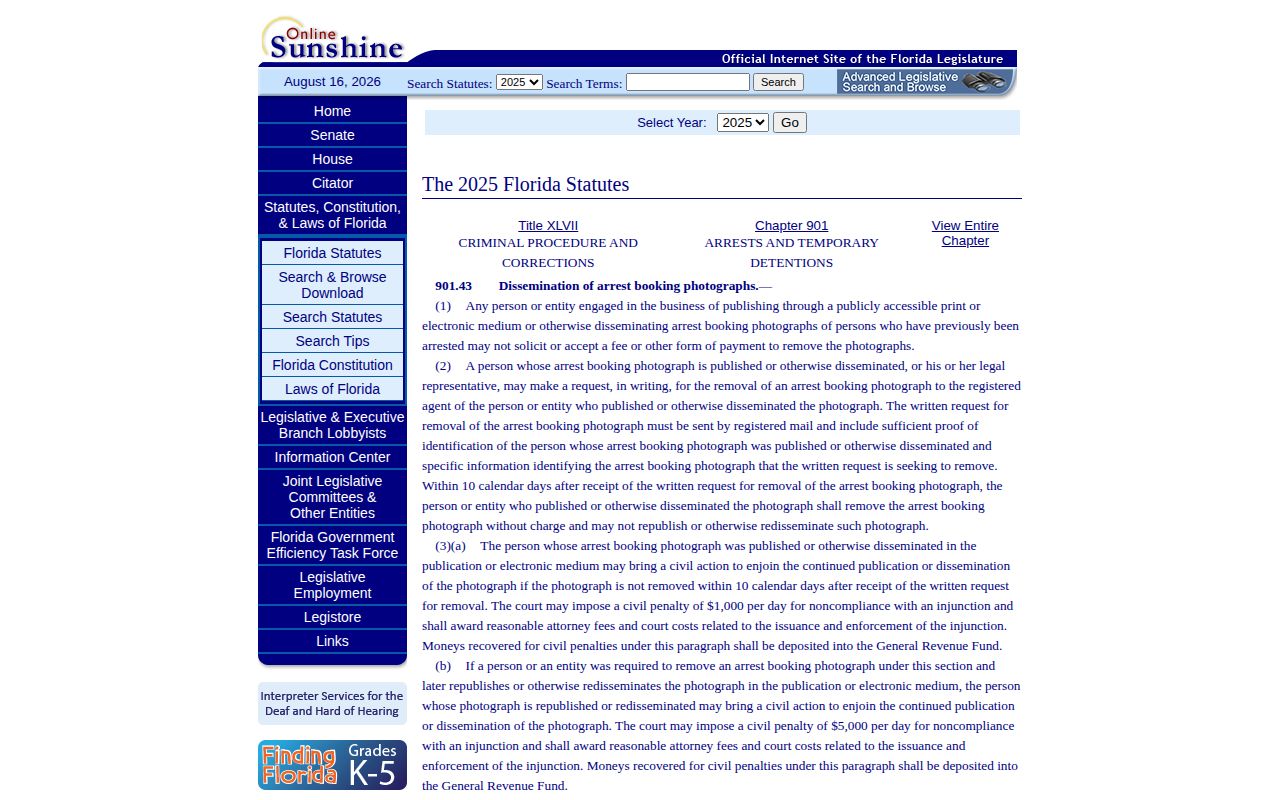 Florida booking photograph removal law for Palm Beach County mugshot records