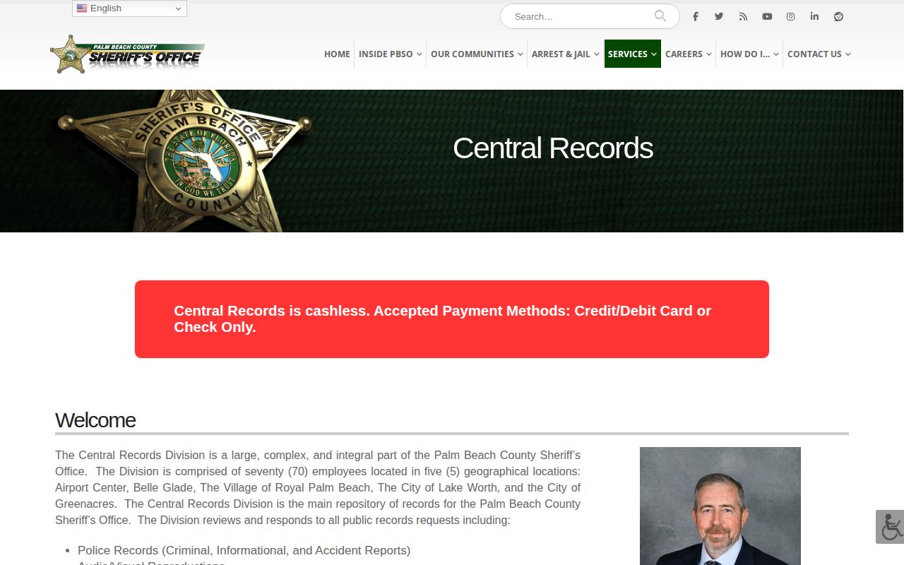 Palm Beach County booking record request page at PBSO Central Records
