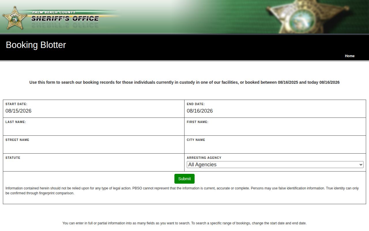 Palm Beach County jail roster and booking blotter search fields